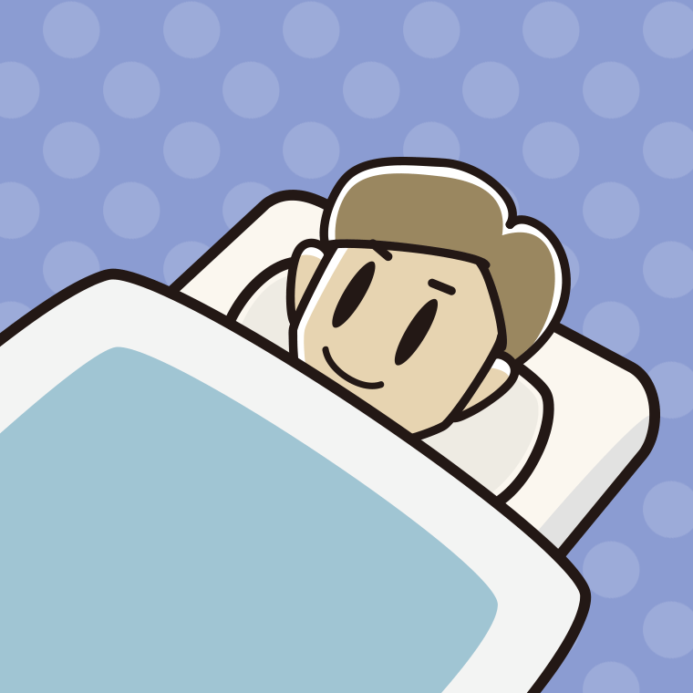 布団で寝る男性のイラスト【色、背景あり】PNG