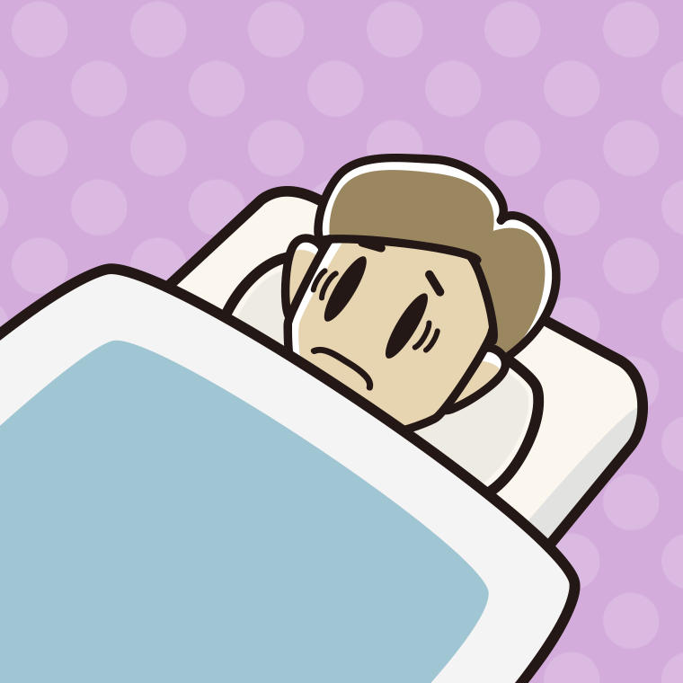 布団で寝ながら困る男性のイラスト【色、背景あり】PNG