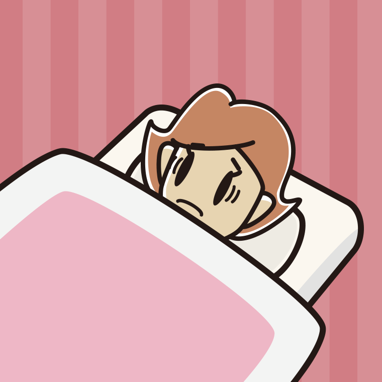 布団で寝ながら困る女性のイラスト【色、背景あり】PNG
