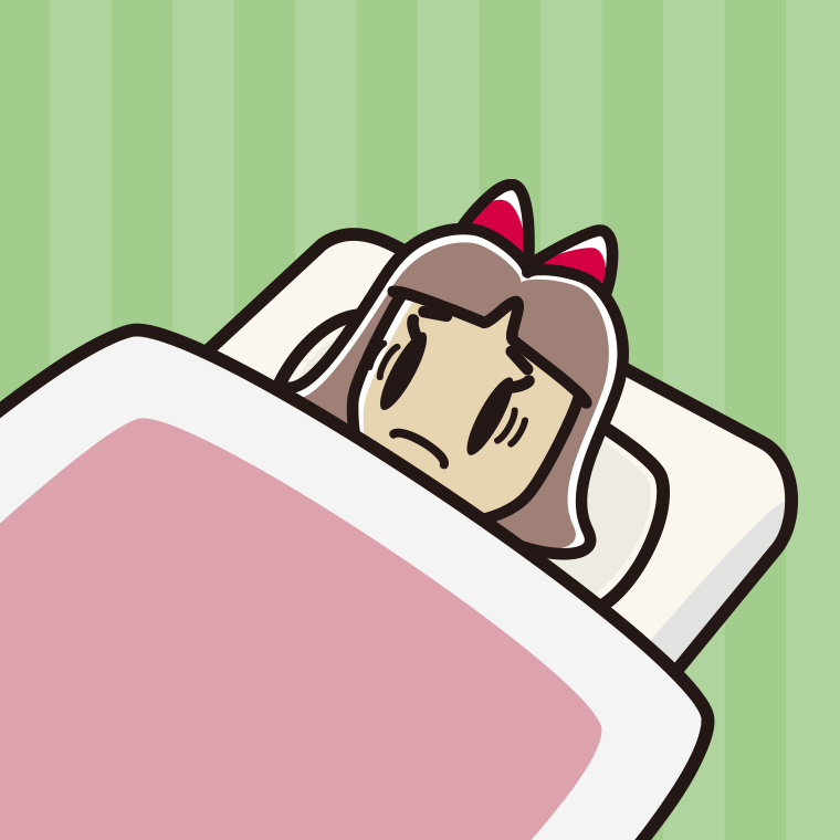 布団で寝ながら困る小学生女子のイラスト【色、背景あり】PNG