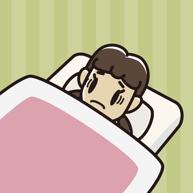 布団で寝ながら困る女子中学生のイラスト【色、背景あり】PNG