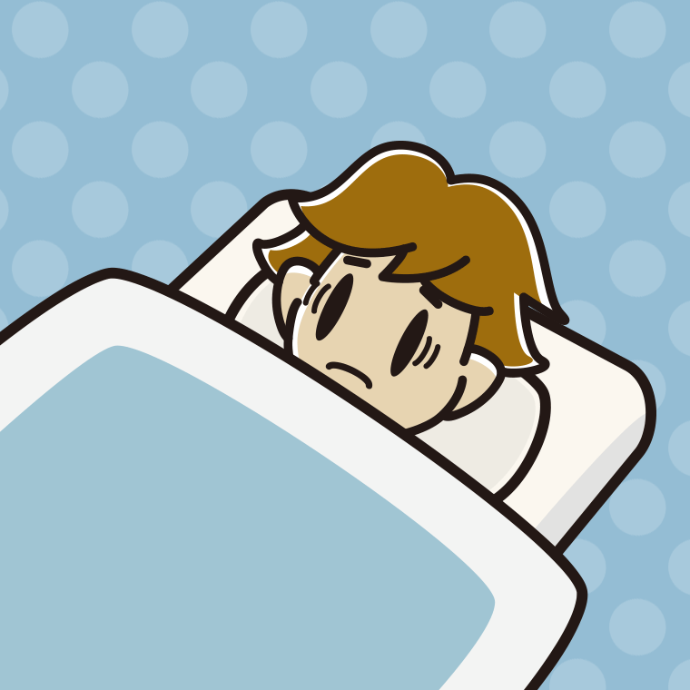 布団で寝ながら困る男子高校生のイラスト【色、背景あり】PNG