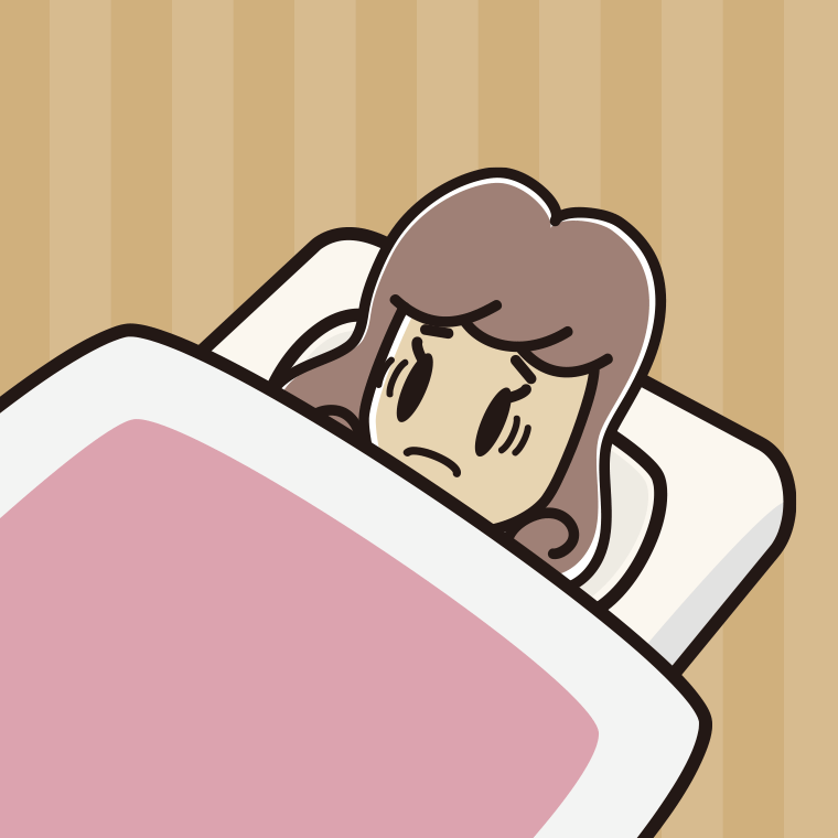 布団で寝ながら困る女子大学生のイラスト【色、背景あり】PNG