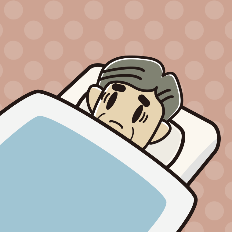 布団で寝ながら困るおじさんのイラスト【色、背景あり】PNG