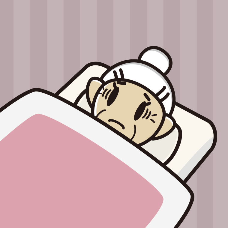 布団で寝ながら困るおばあさんのイラスト【色、背景あり】PNG
