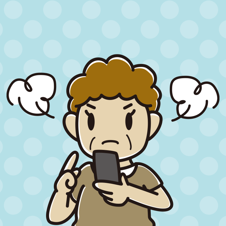 スマホ使用中に怒るおばさんのイラスト【色、背景あり】PNG