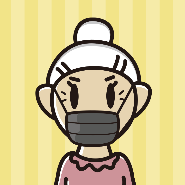 黒マスクをするおばあさんのイラスト【色、背景あり】PNG