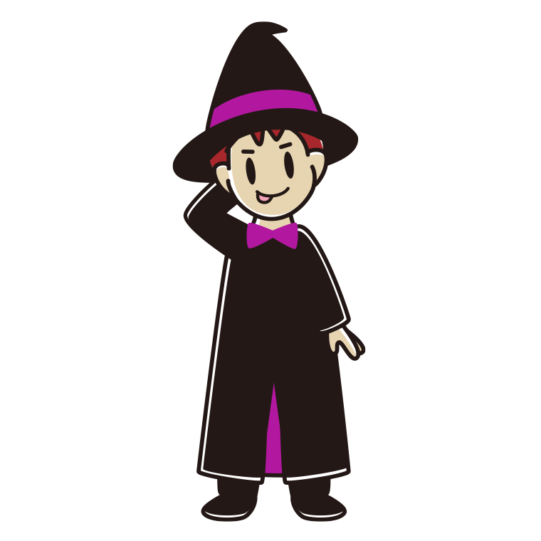 テヘヘなハロウィンのコスプレ姿の男子大学生のイラスト【色あり、背景なし】透過PNG
