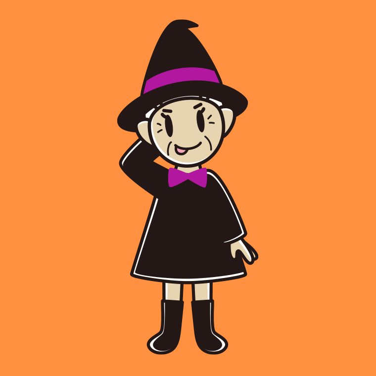 テヘヘなハロウィンのコスプレ姿のおばあさんのイラスト【色、背景あり】PNG