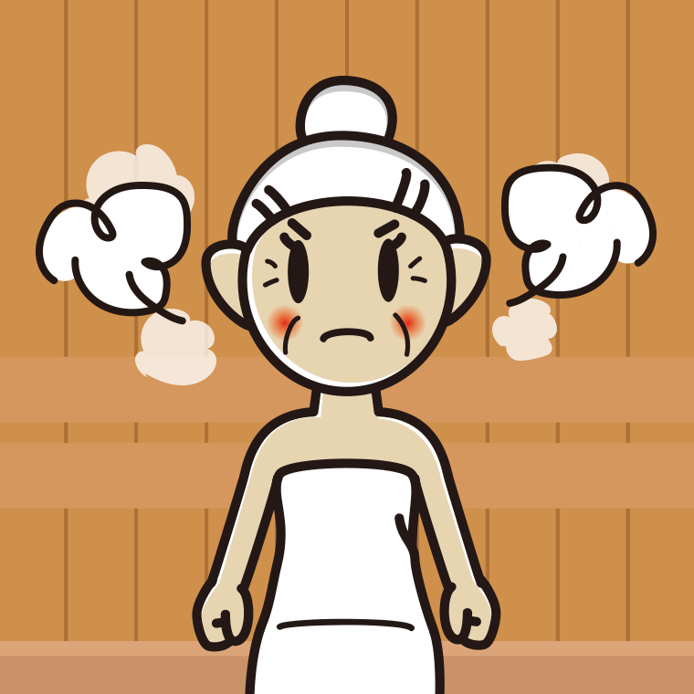 サウナで怒るおばあさんのイラスト【色、背景あり】PNG