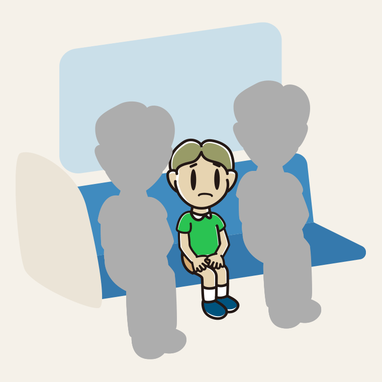 電車の座席で困る小学生男子のイラスト【色、背景あり】PNG