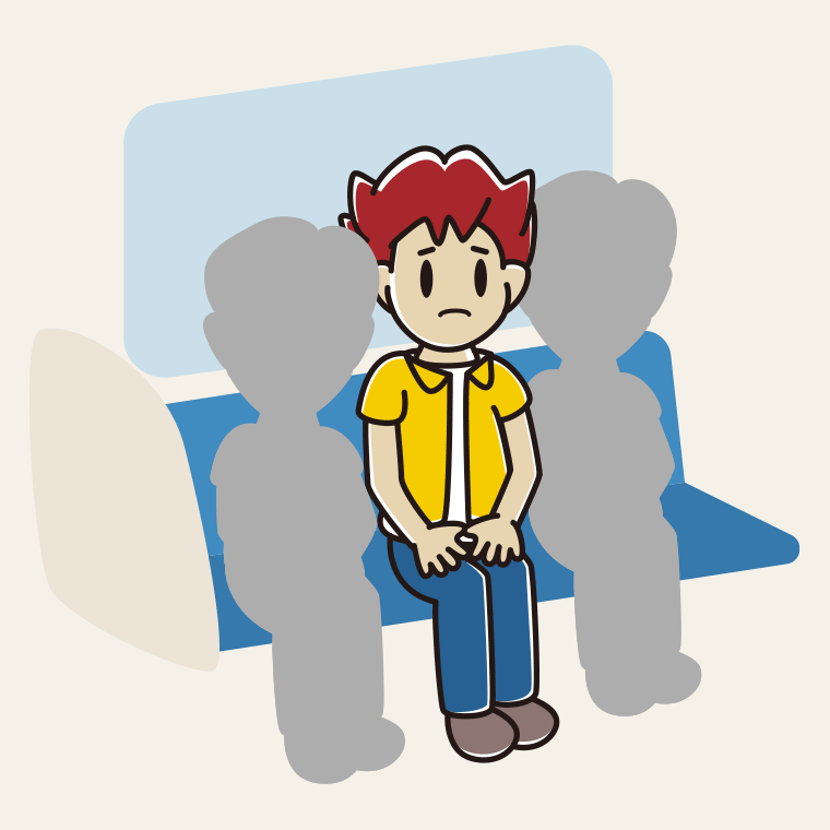 電車の座席で困る男子大学生のイラスト【色、背景あり】PNG