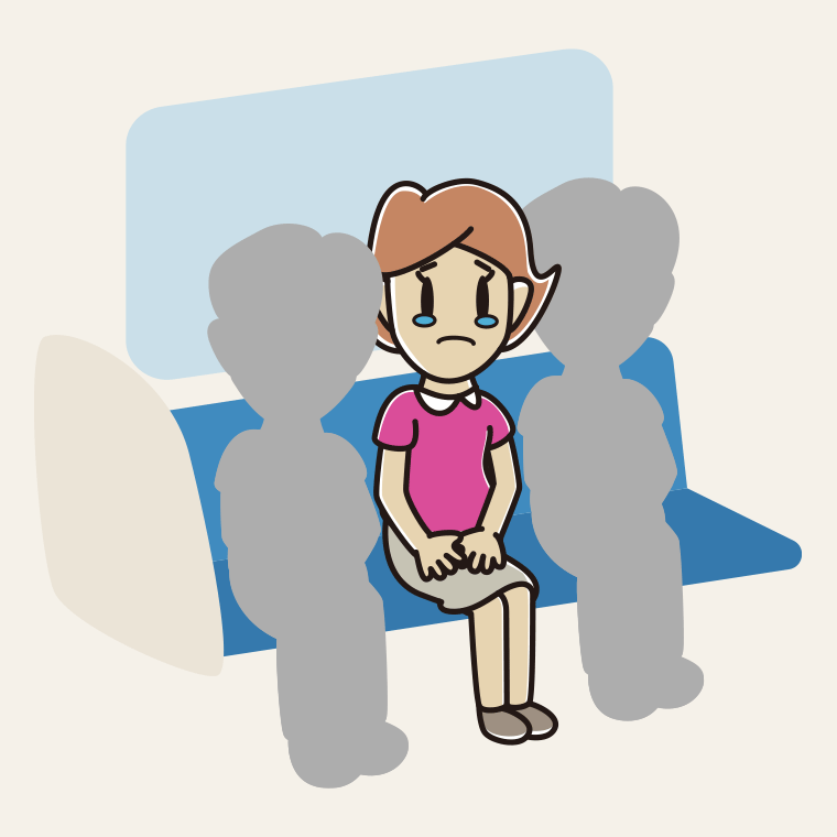 電車の座席で泣く女性のイラスト【色、背景あり】PNG