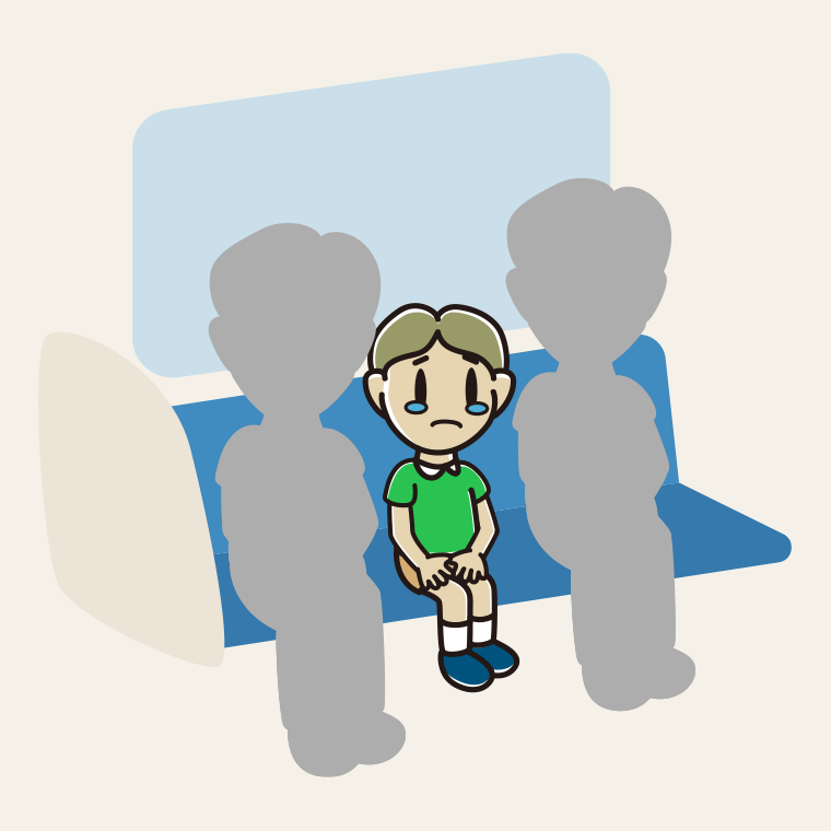 電車の座席で泣く小学生男子のイラスト【色、背景あり】PNG