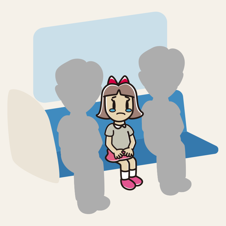 電車の座席で泣く小学生女子のイラスト【色、背景あり】PNG