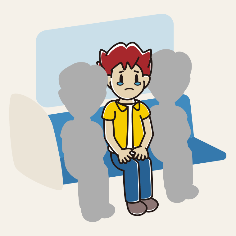 電車の座席で泣く男子大学生のイラスト【色、背景あり】PNG