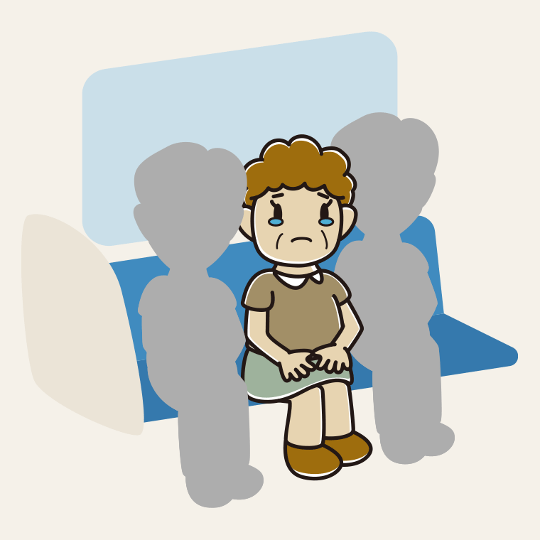 電車の座席で泣くおばさんのイラスト【色、背景あり】PNG