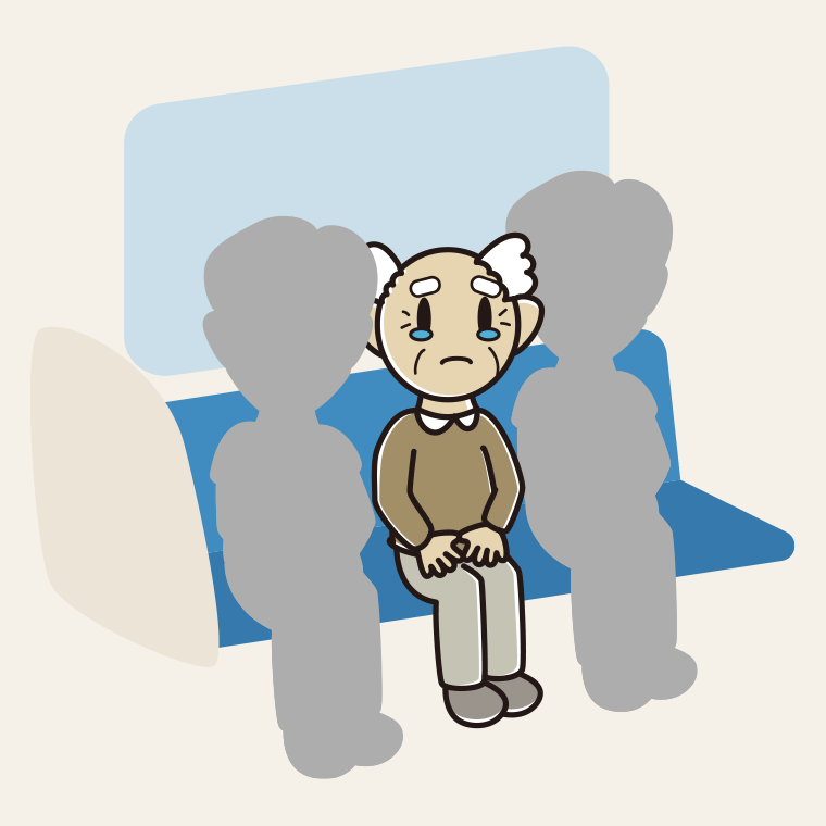 電車の座席で泣くおじいさんのイラスト【色、背景あり】PNG