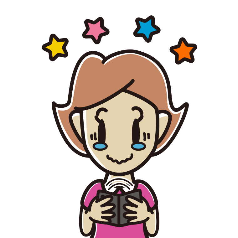 折りたたみスマホに感動する女性のイラスト【色あり、背景なし】透過PNG