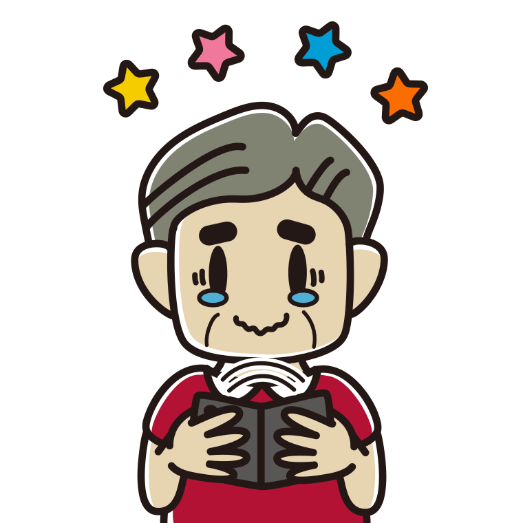 折りたたみスマホに感動するおじさんのイラスト【色あり、背景なし】透過PNG