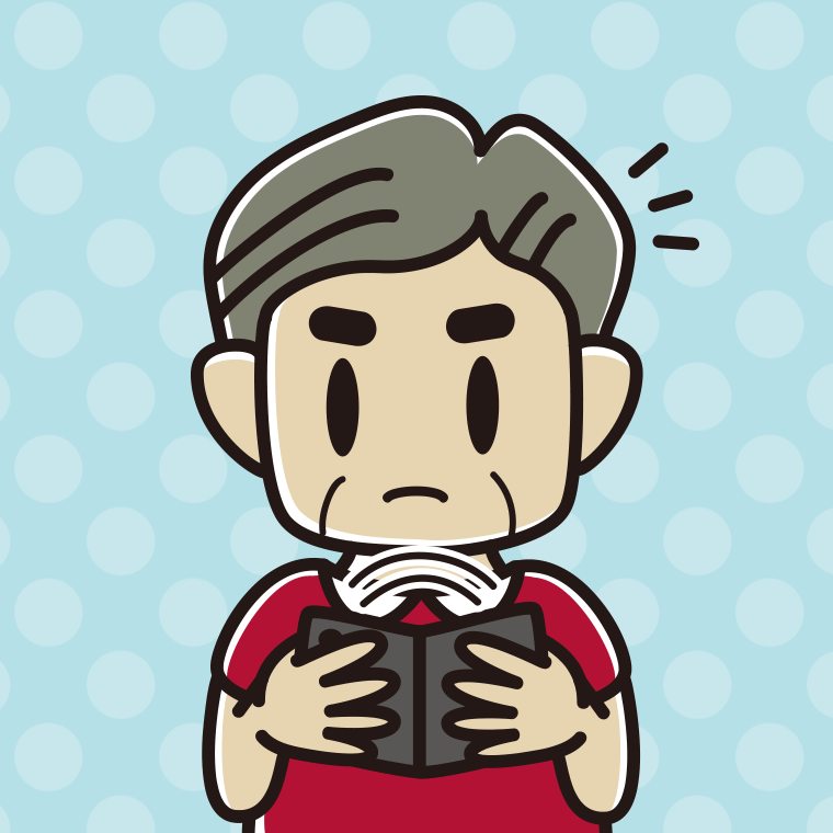 折りたたみスマホで何かに気付くおじさんのイラスト【色、背景あり】PNG