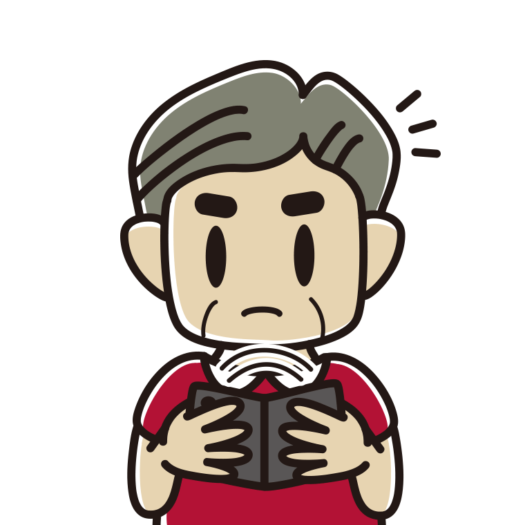 折りたたみスマホで何かに気付くおじさんのイラスト【色あり、背景なし】透過PNG