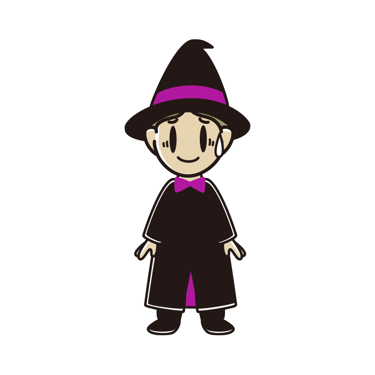 苦笑いするハロウィンのコスプレ姿の小学生男子のイラスト【色あり、背景なし】透過PNG
