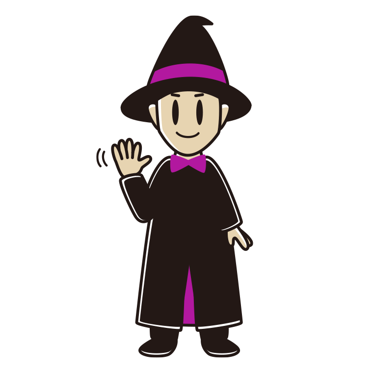 手を振るハロウィンのコスプレ姿の男性のイラスト【色あり、背景なし】透過PNG