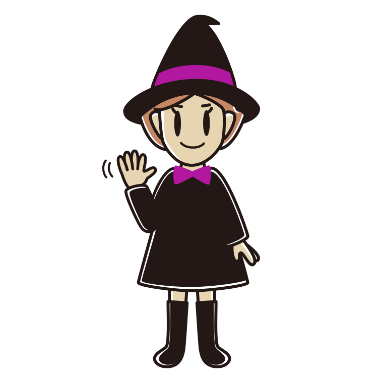 手を振るハロウィンのコスプレ姿の女性のイラスト【色あり、背景なし】透過PNG