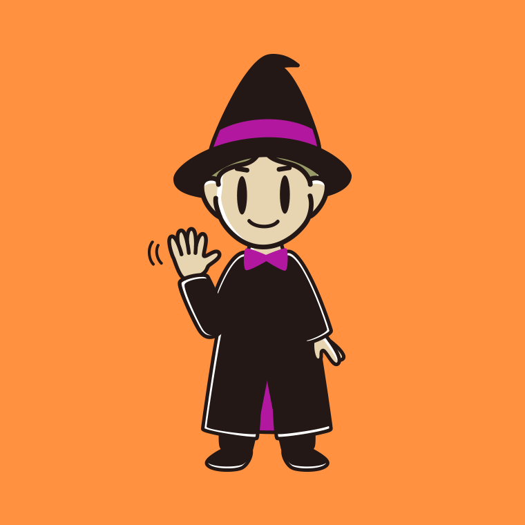 【フリー素材】手を振るハロウィンのコスプレ姿の小学生男子のイラスト
