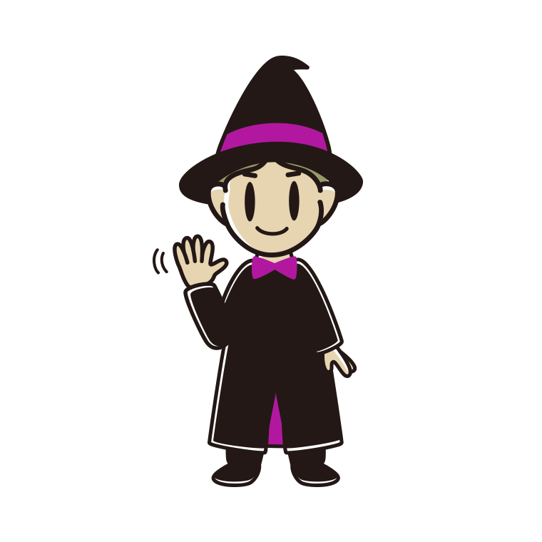 手を振るハロウィンのコスプレ姿の小学生男子のイラスト【色あり、背景なし】透過PNG
