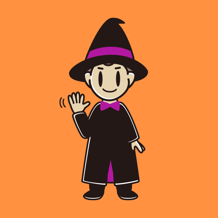 手を振るハロウィンのコスプレ姿の男子中学生のイラスト【色、背景あり】PNG