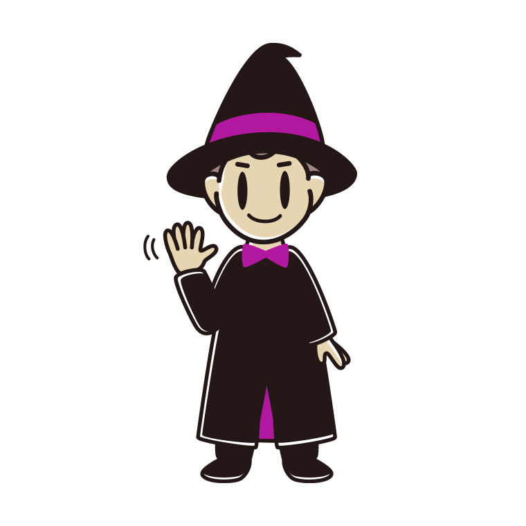 手を振るハロウィンのコスプレ姿の男子中学生のイラスト【色あり、背景なし】透過PNG