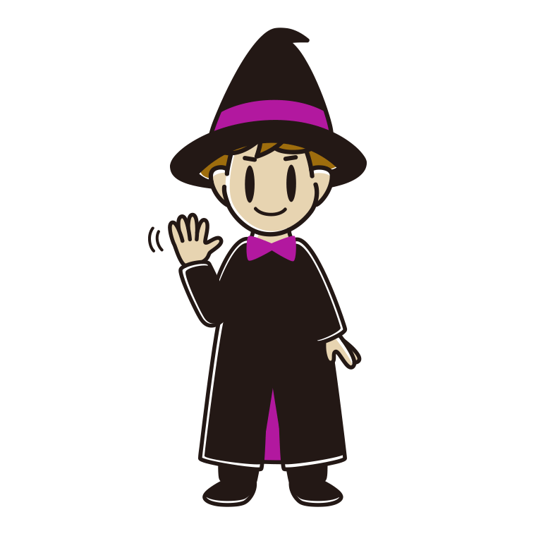 手を振るハロウィンのコスプレ姿の男子高校生のイラスト【色あり、背景なし】透過PNG