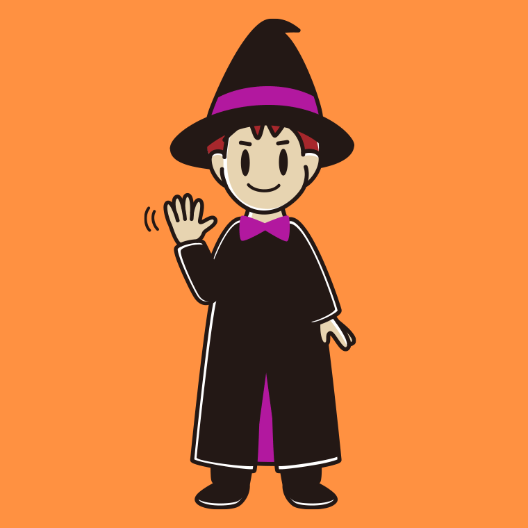 手を振るハロウィンのコスプレ姿の男子大学生のイラスト【色、背景あり】PNG
