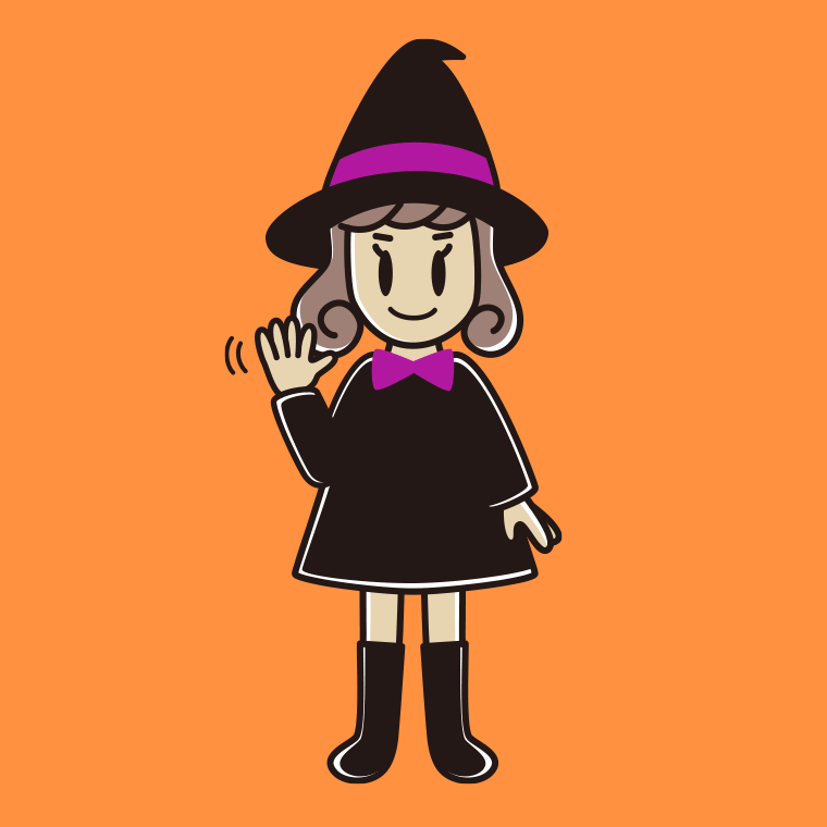 手を振るハロウィンのコスプレ姿の女子大学生のイラスト【色、背景あり】PNG