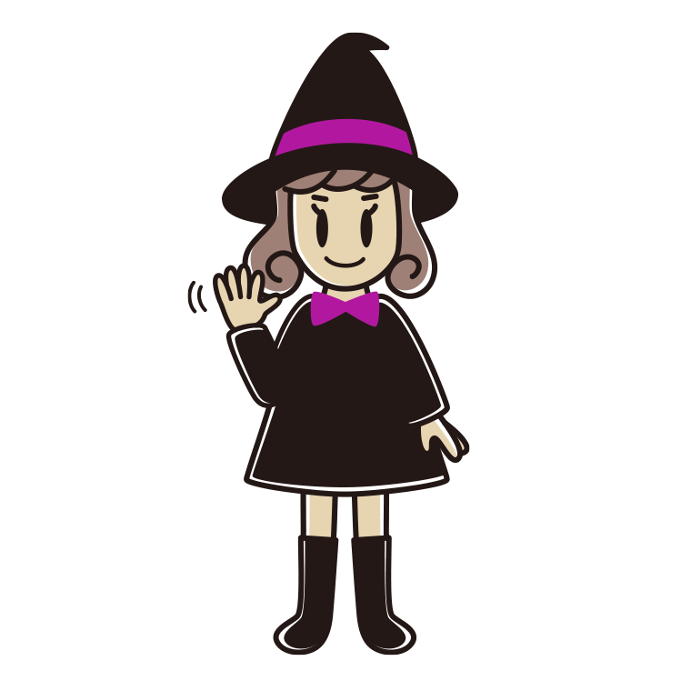 手を振るハロウィンのコスプレ姿の女子大学生のイラスト【色あり、背景なし】透過PNG