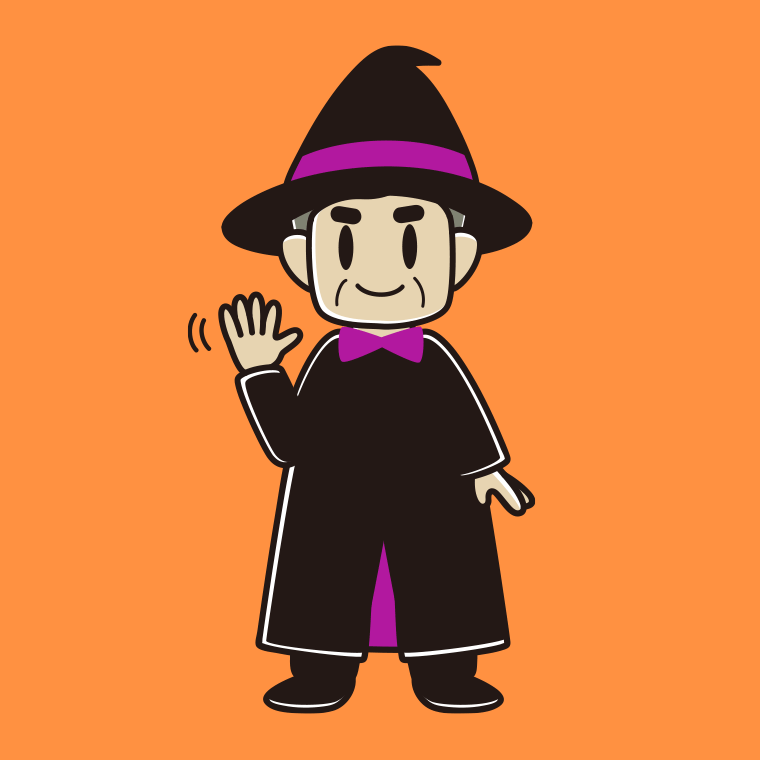 【フリー素材】手を振るハロウィンのコスプレ姿のおじさんのイラスト