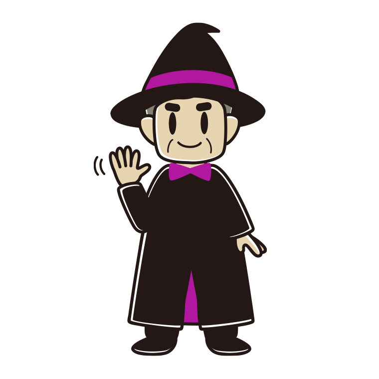 手を振るハロウィンのコスプレ姿のおじさんのイラスト【色あり、背景なし】透過PNG
