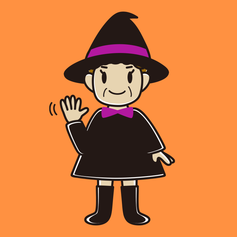 【フリー素材】手を振るハロウィンのコスプレ姿のおばさんのイラスト