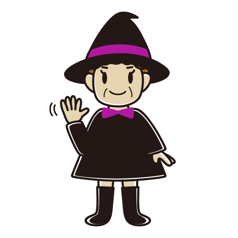 手を振るハロウィンのコスプレ姿のおばさんのイラスト【色あり、背景なし】透過PNG