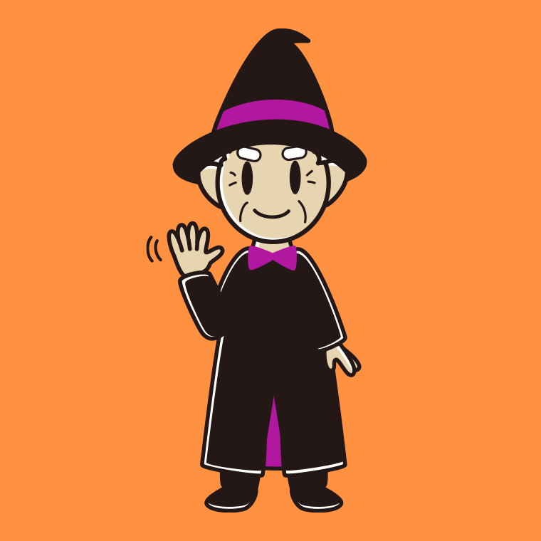 【フリー素材】手を振るハロウィンのコスプレ姿のおじいさんのイラスト