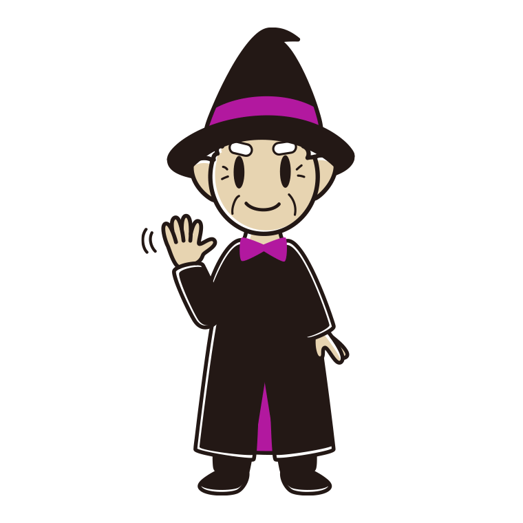 手を振るハロウィンのコスプレ姿のおじいさんのイラスト【色あり、背景なし】透過PNG
