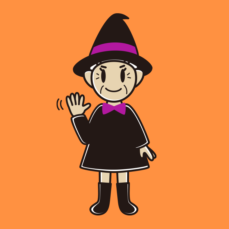 【フリー素材】手を振るハロウィンのコスプレ姿のおばあさんのイラスト