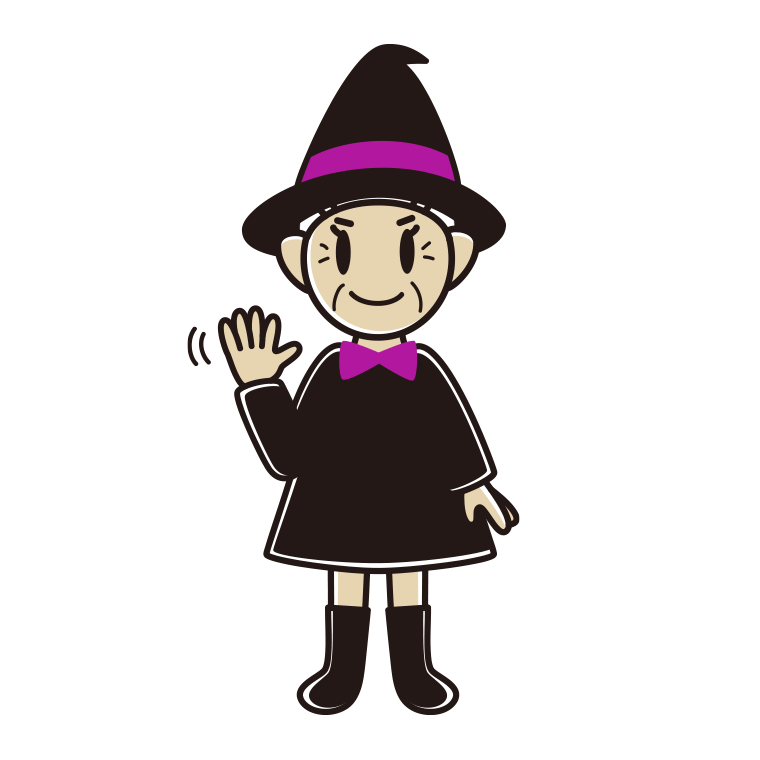 手を振るハロウィンのコスプレ姿のおばあさんのイラスト【色あり、背景なし】透過PNG