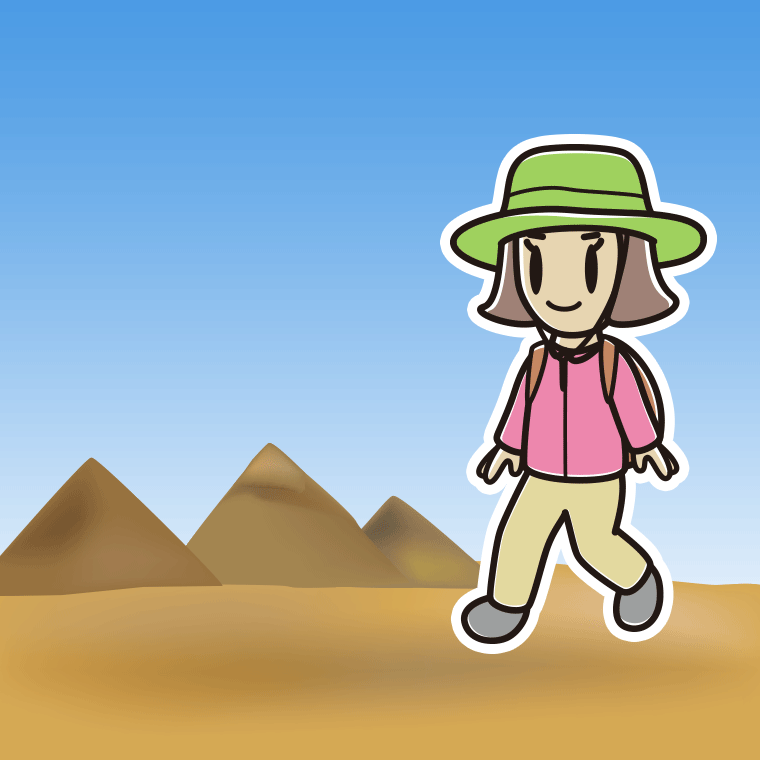 ピラミッド（エジプト）へ行く小学生女子のイラスト【色、背景あり】PNG