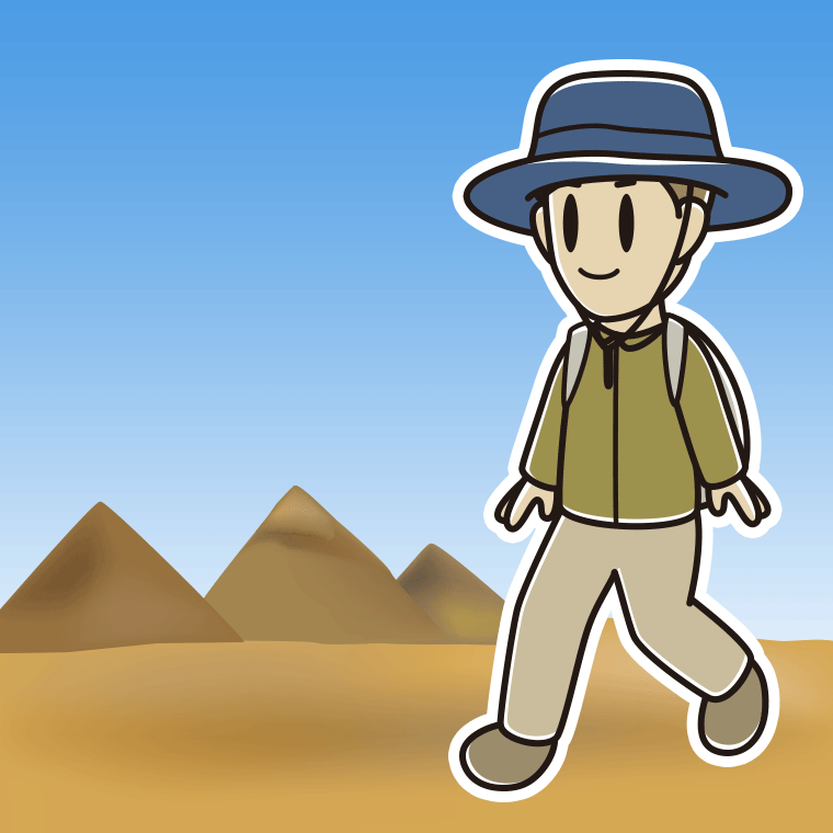 ピラミッド（エジプト）へ行く男性のイラスト【色、背景あり】PNG