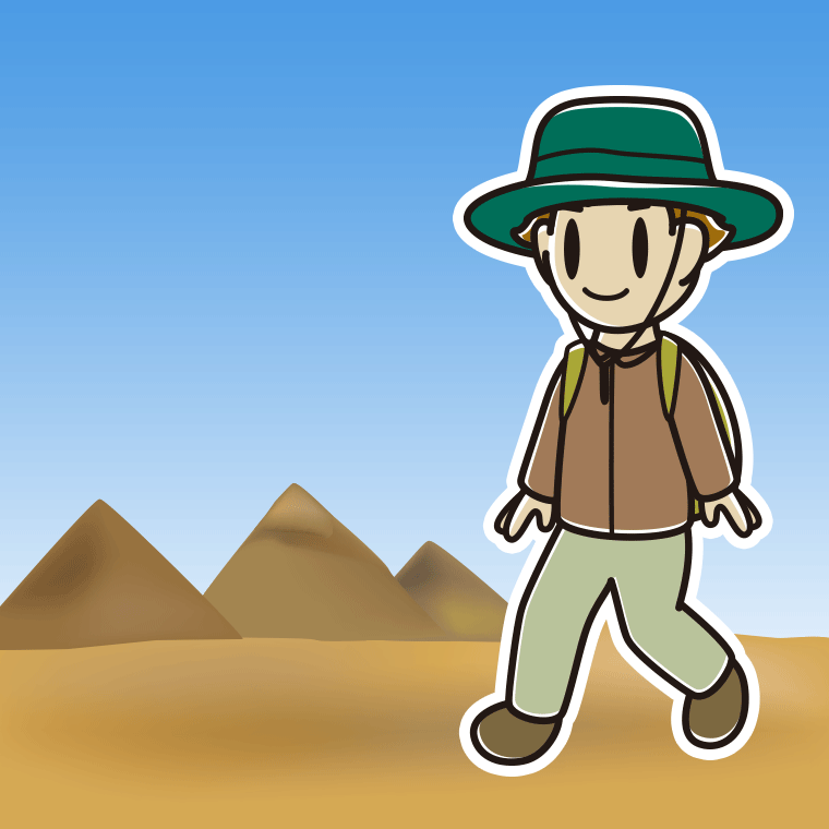 ピラミッド（エジプト）へ行く男子高校生のイラスト【色、背景あり】PNG