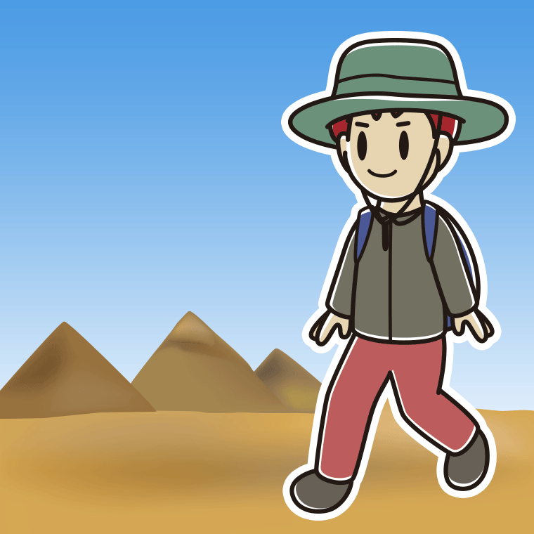 ピラミッド（エジプト）へ行く男子大学生のイラスト【色、背景あり】PNG