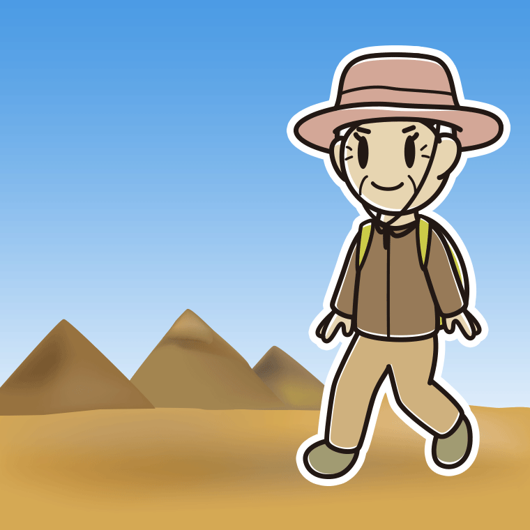 ピラミッド（エジプト）へ行くおばあさんのイラスト【色、背景あり】PNG